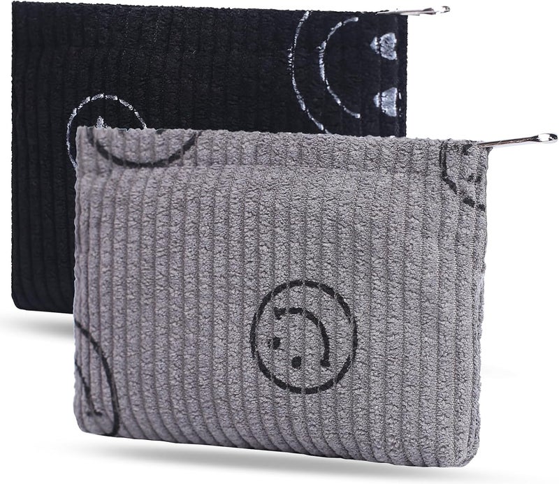 Teircno 2 Pack Coin Purse, Soft Corduroy Purse Pouch with Zipper Cute Smiley Face Coin Purse Mini Change Pouch for Pocket, Small Purse for Women Credit Card Key Lipstick Holder (Black&Grey) - Image 1